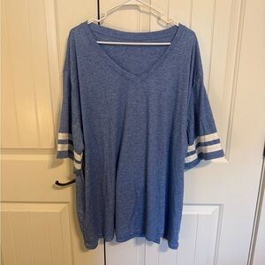 Relaxed V-Neck Tee in a heather Blue with Stripe Sleeve Detail